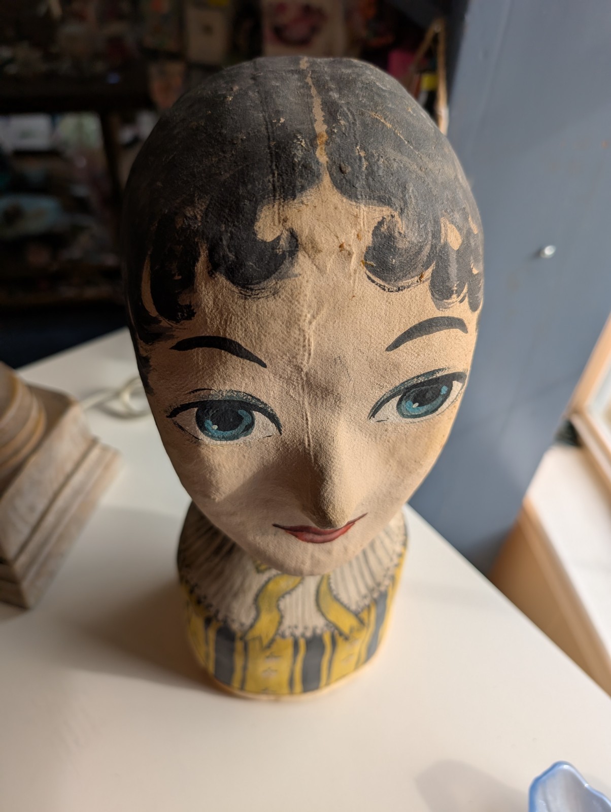 Vintage Millinery Head Hand Painted Plaster Paper Mache Fabric ANIQUE 13"