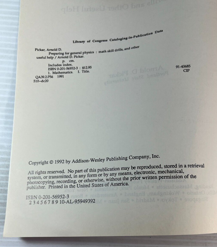 Preparing for General Physics Math Skill Drills and Other Useful Help 1992 USED