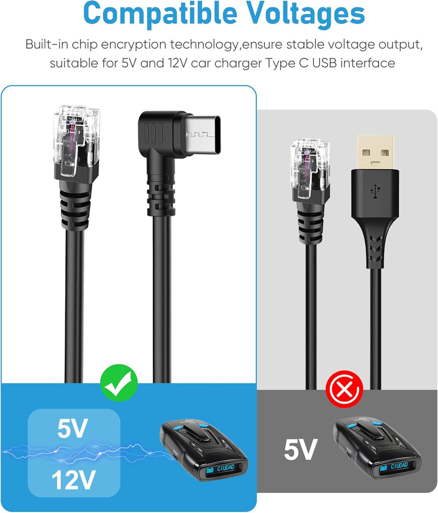 PD3.0 Radar Detector Cable, with Type-C to RJ11 Plug ,Replacement Radar Detector