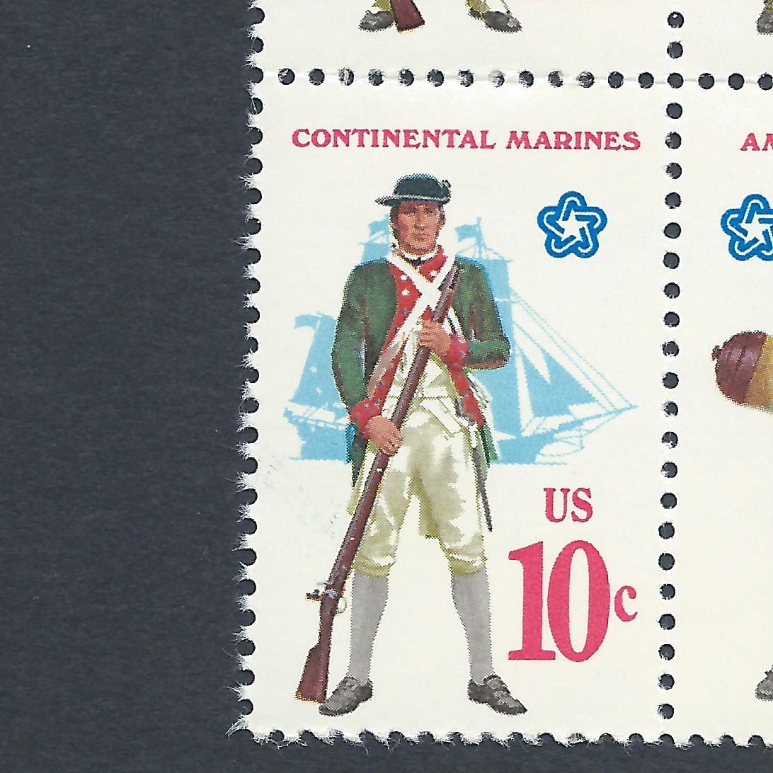 Revolutionary War Soldiers & Sailor Uniforms Mint Set of 4 Stamps 50 Years Old!