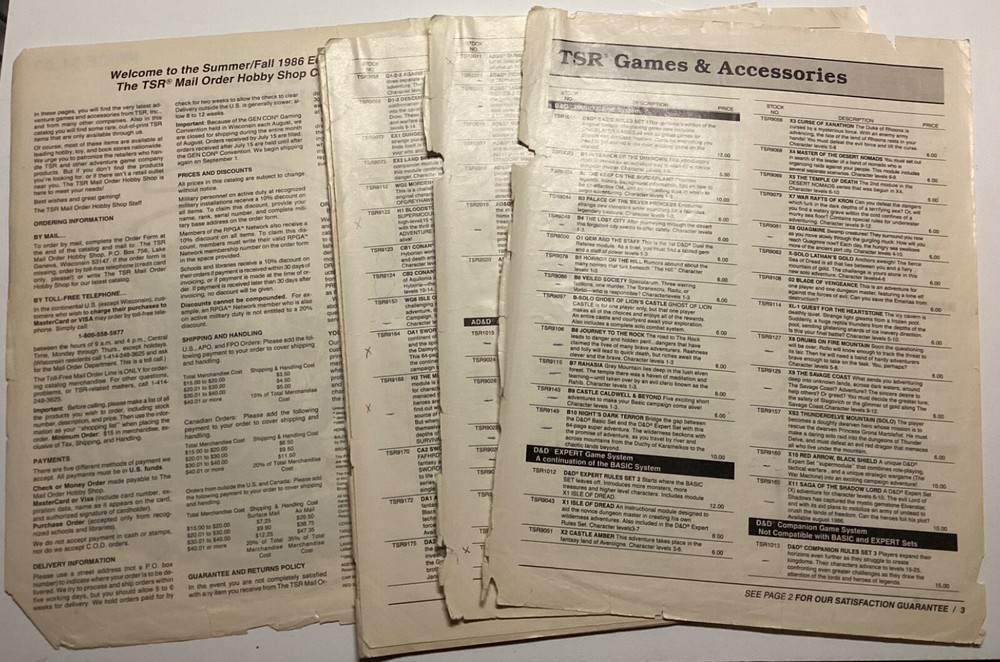 The TSR Mail Order Hobby Shop Catalog Summer Fall 1985 TRASHED Complete