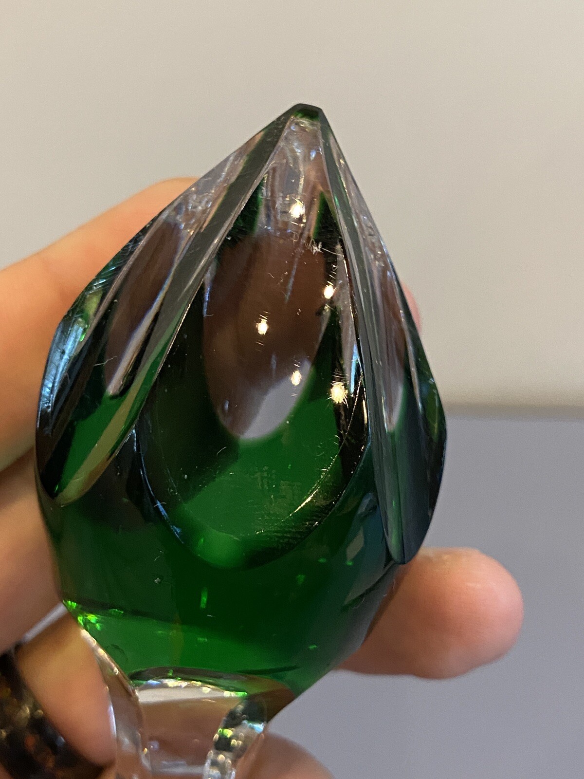 STUNNING VTG Emerald Green Cut To Clear Crystal Decanter W/Stopper 15.25"H