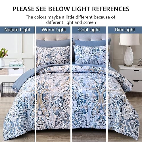 Blue Paisley Comforter Set 7 Pieces Bed in a Bag Boho Queen Light Blue
