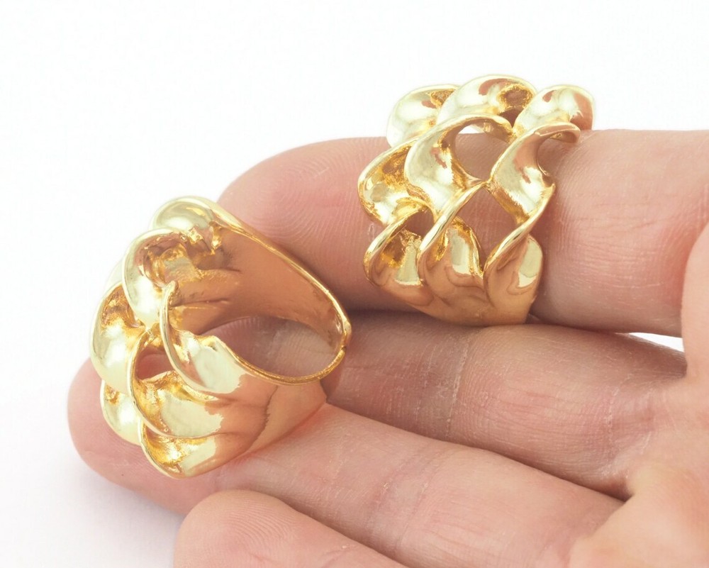 Swirl Twisted Lines Ring Statement Adjustable Shiny Gold Plated brass 2917