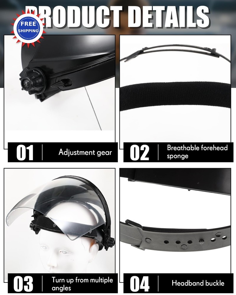 Safety Face Shield 4 Pcs Clear Adjustable Lightweight Impact Resistant Grinding