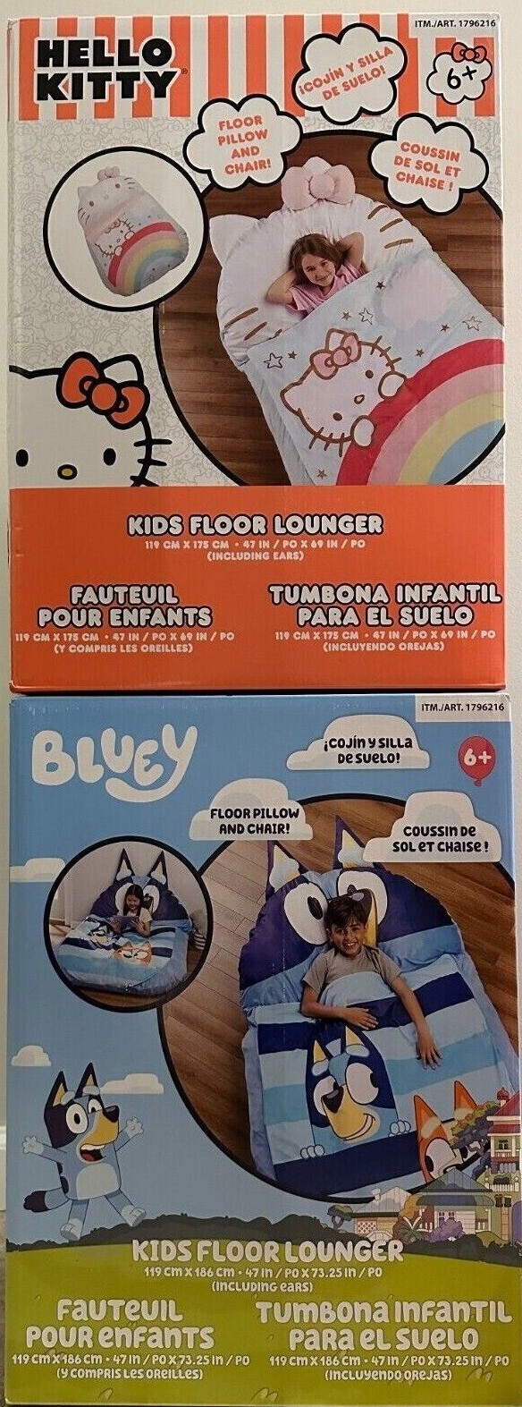 New Kids Floor Lounger Floor Pillow & Chair, Choice Bluey or Hello Kitty 47"X69"