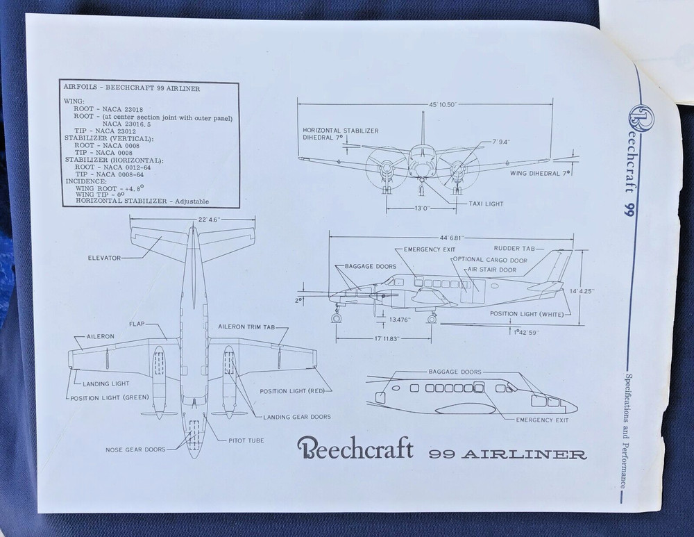 1960'S BEECHCRAFT 99 AIRLINER SPECIFICATIONS AND PERFORMANCE SHEETS W SCHEMATIC