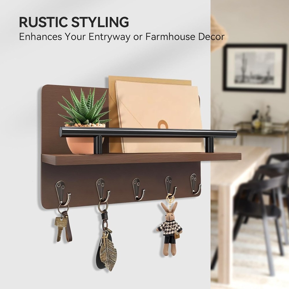 Rustic Wall-Mounted Key Holder with Shelf & 5 Hooks for Entryway Organization