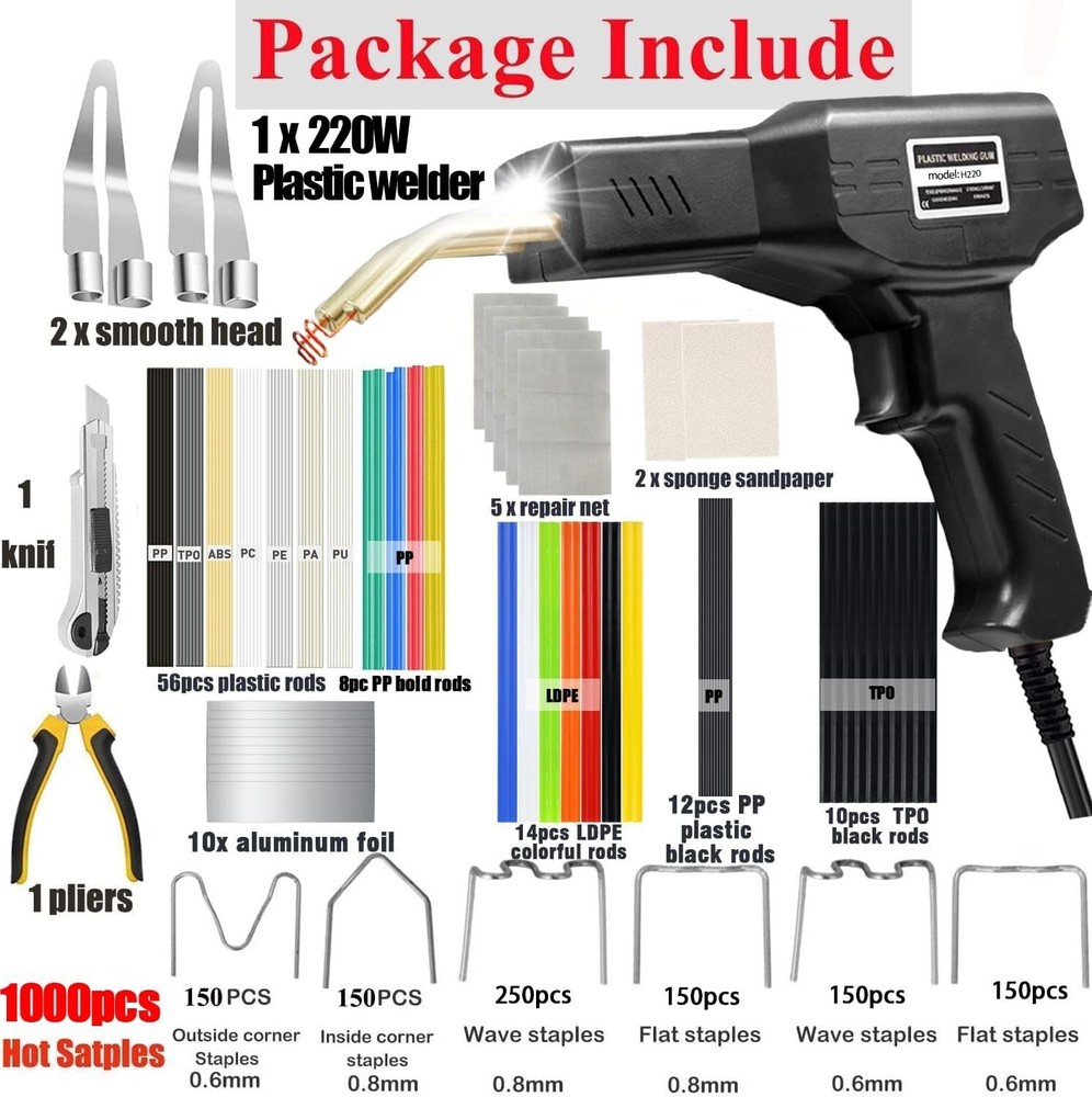 Efficient 220W Plastic Welding Kit with LED Light & 1000 Staples Included