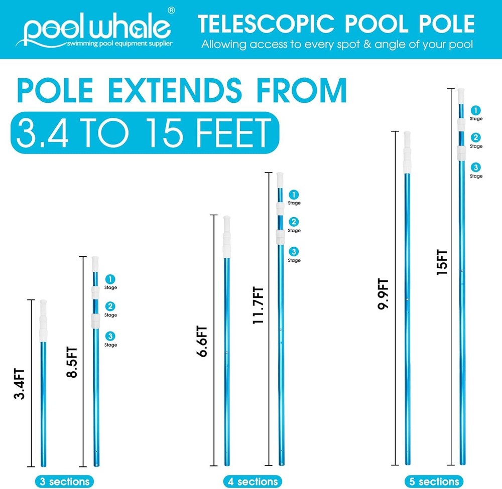 Premium 15ft Telescopic Pool PoleAdjustable 3-PieceTelescopic Pool Cleaning Pole