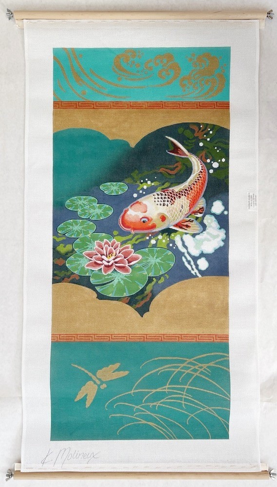 Needlepoint  hand painted canvas Koi Scroll by K. Moulineaux
