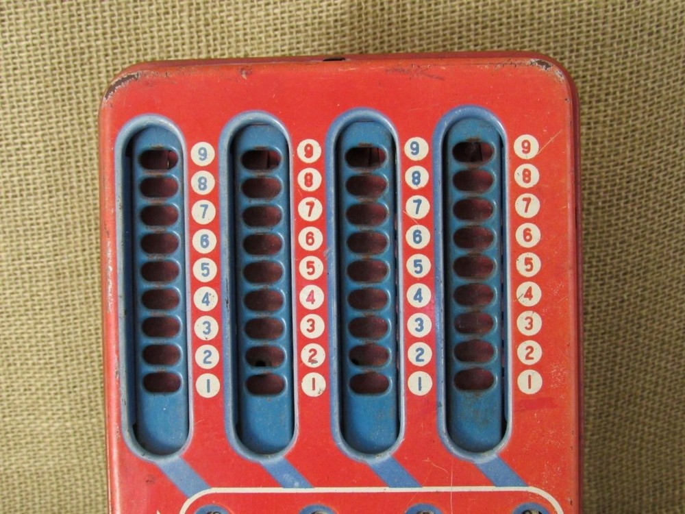 Vintage 40s Working Tin Litho Wolverine Adding Machine Hand Pull Dial Calculator