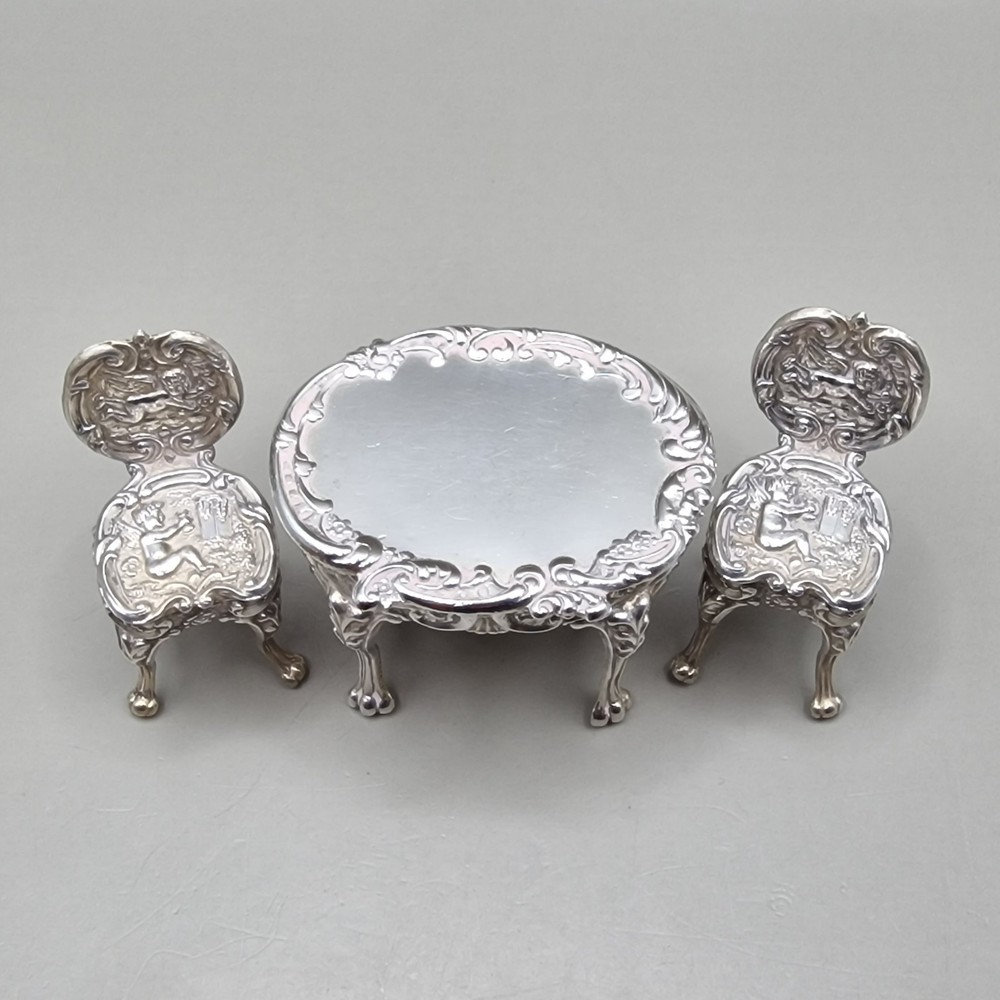 Vintage Solid Silver Miniature Dollhouse Table & Two Cherub Chairs
