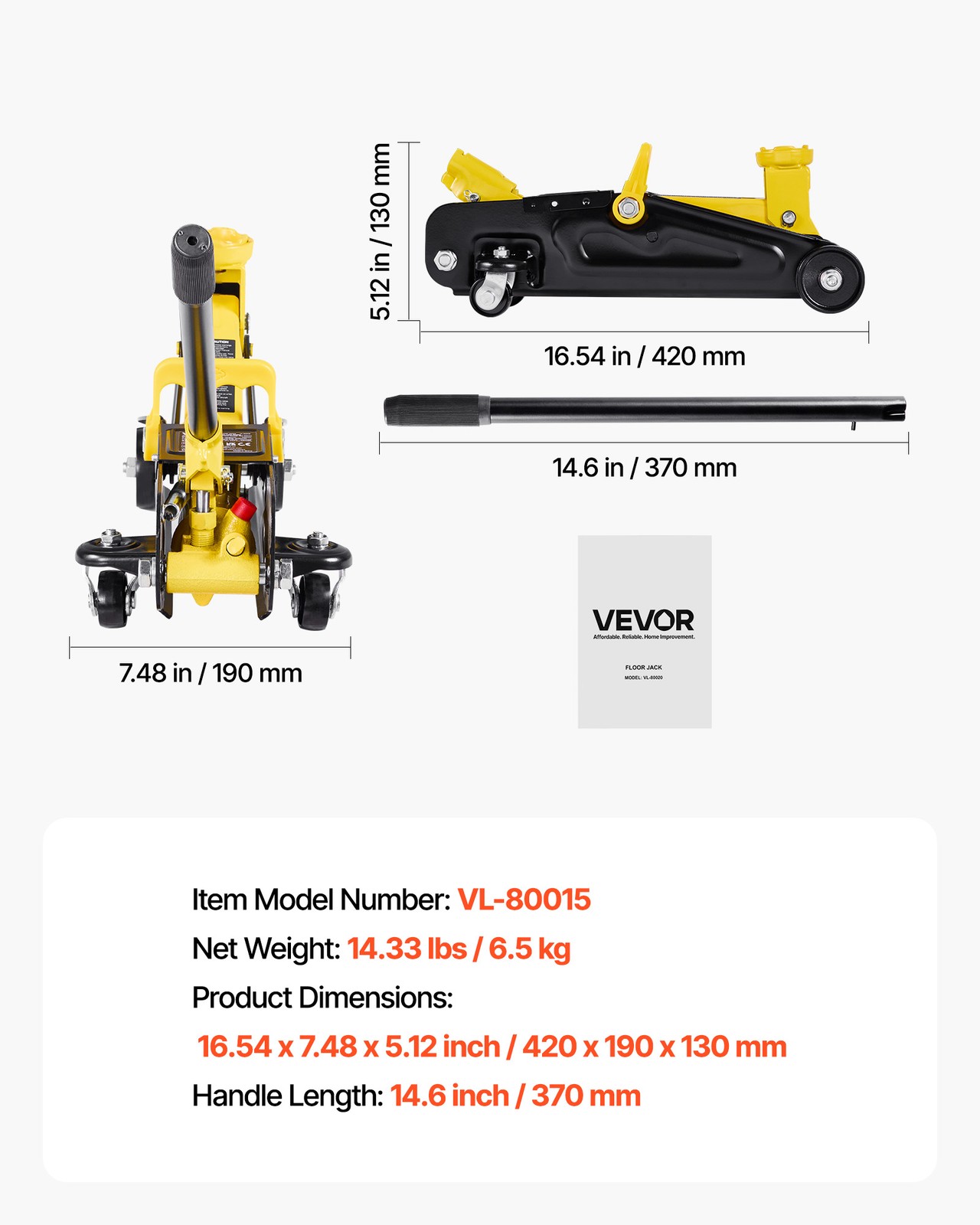 VEVOR Low Profile Floor Jack Steel Hydraulic Car Jack 1.5 Ton Single Piston Pump