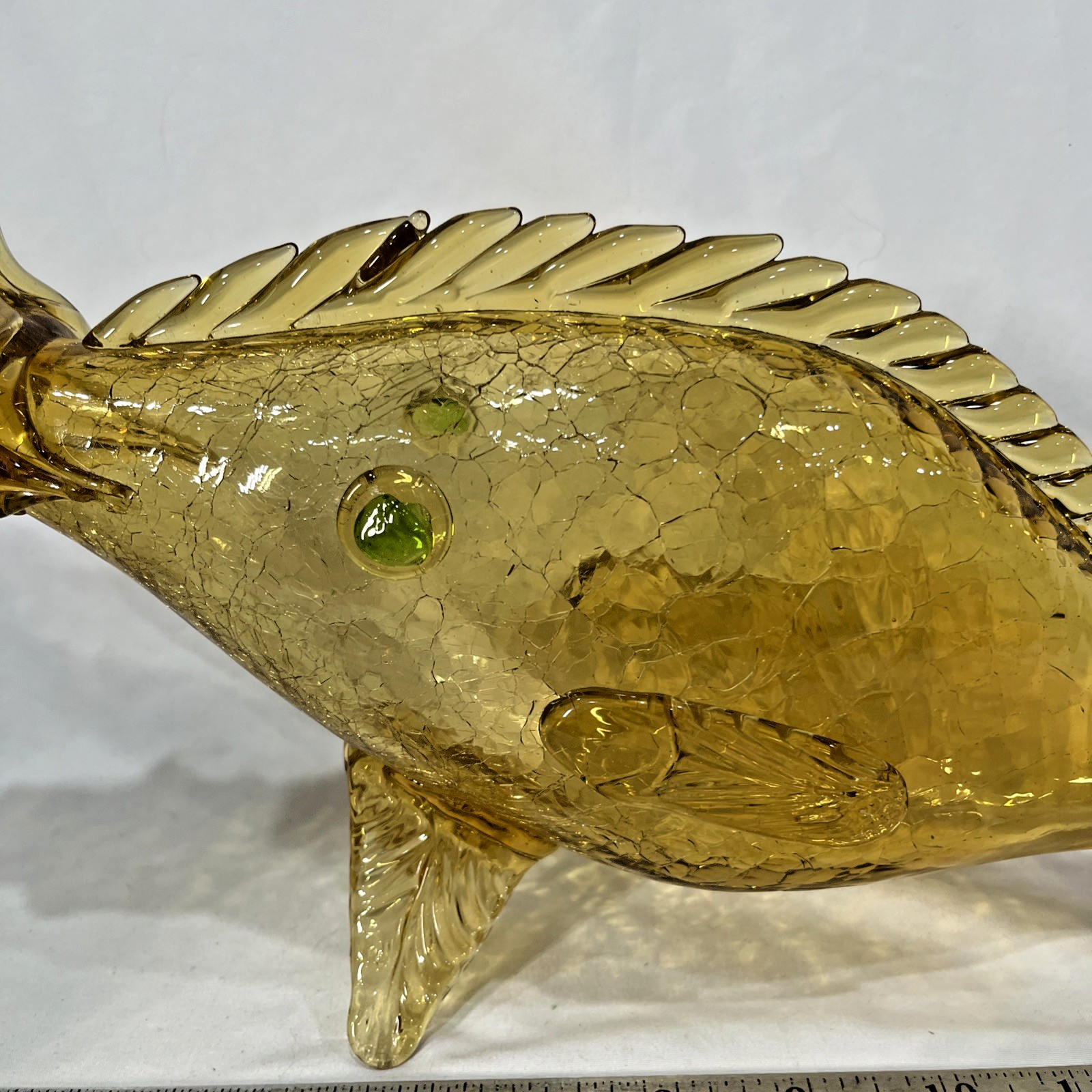 Vintage Amber Green Murano Crackle Glass Fish Decanter