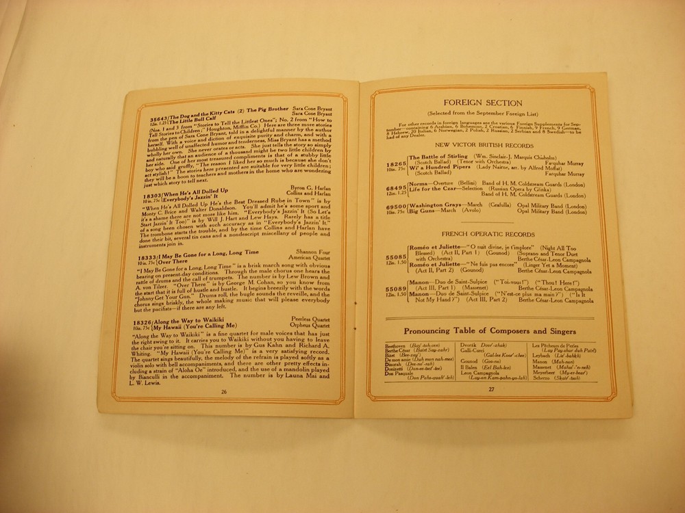 Original Victor Phonograph Record Catalog - Dated September, 1917