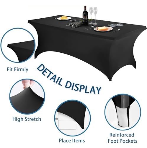 6FT Table Cloth - Pack Fitted Stretch Rectangle Spandex Tablecloth, 2 Black