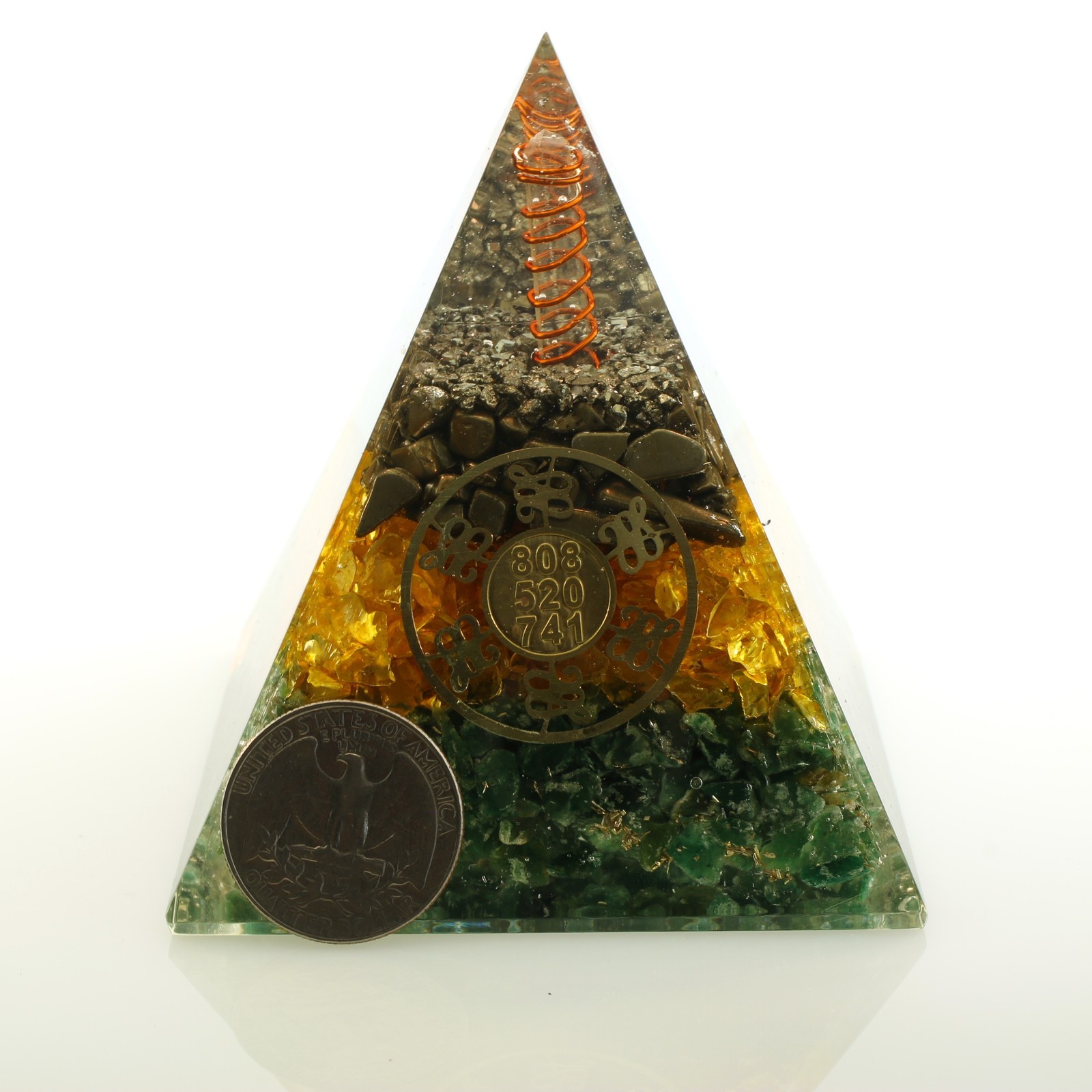 Pyrite Citrine, Aventurine Orgone Manifesting Pyramid 4in Tall EMF & 5G