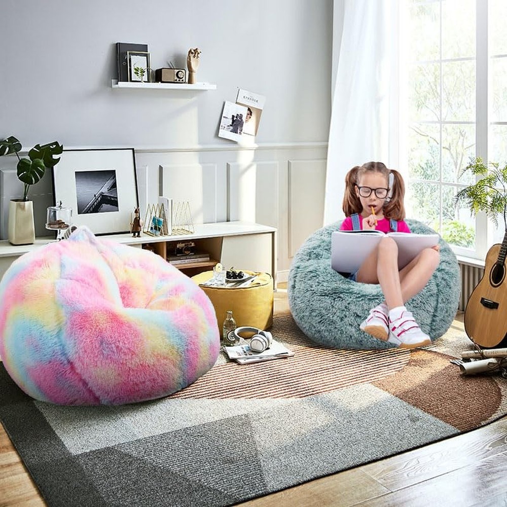 Fluffy Bean Bag Chair for Kids, 2.5FT Round Memory Foam Filled Bean Bag for T...