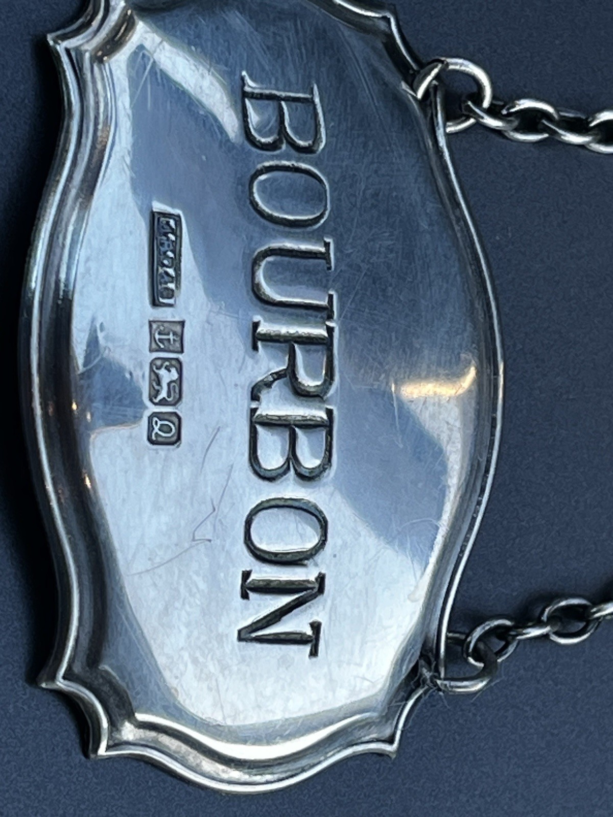 Vintage Sterling Silver Decanter Liquor Label for Bourbon Bottle Shown