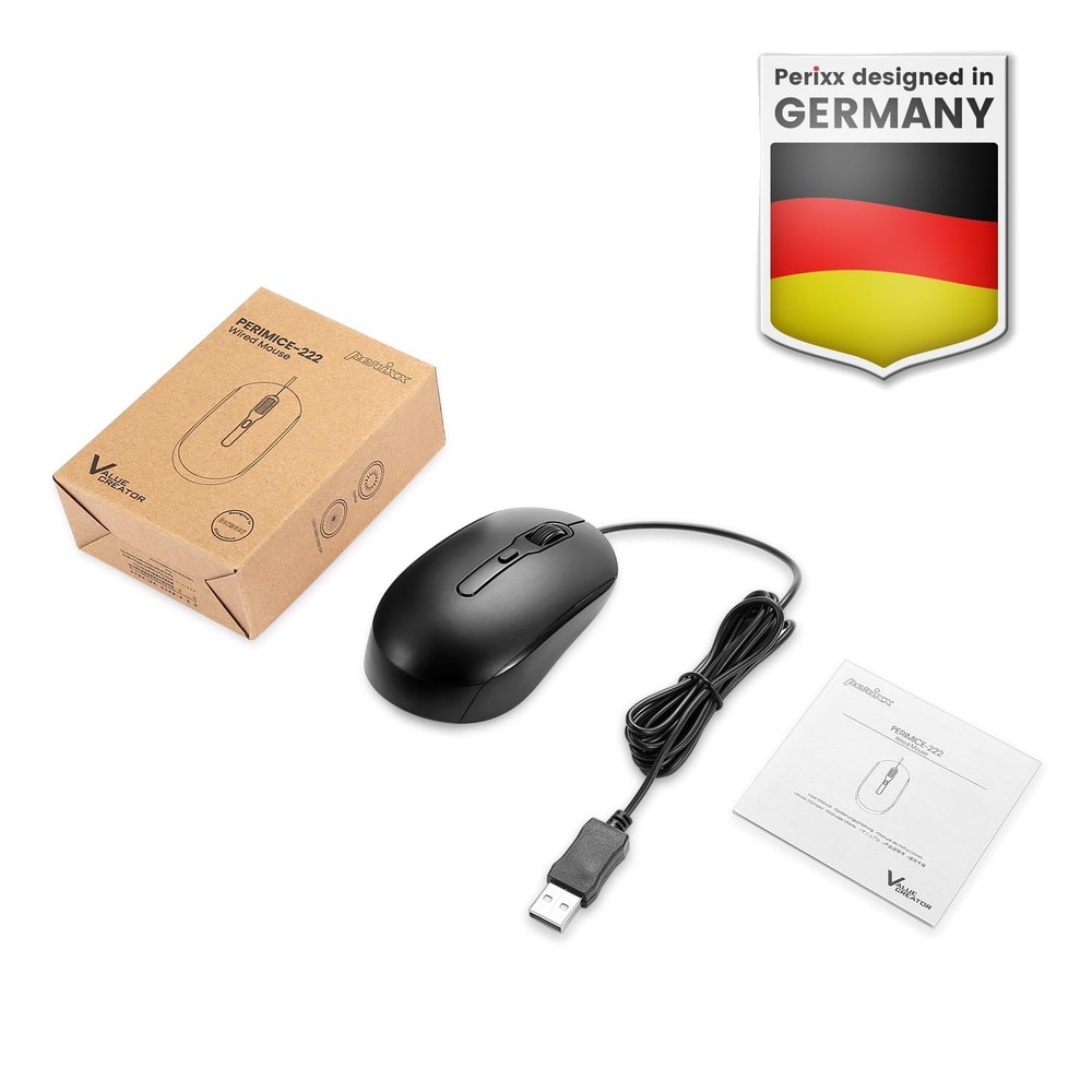 Perixx PERIMICE-222UB Wired USB Optical Mouse, Long 5.9 Ft Cable, Black