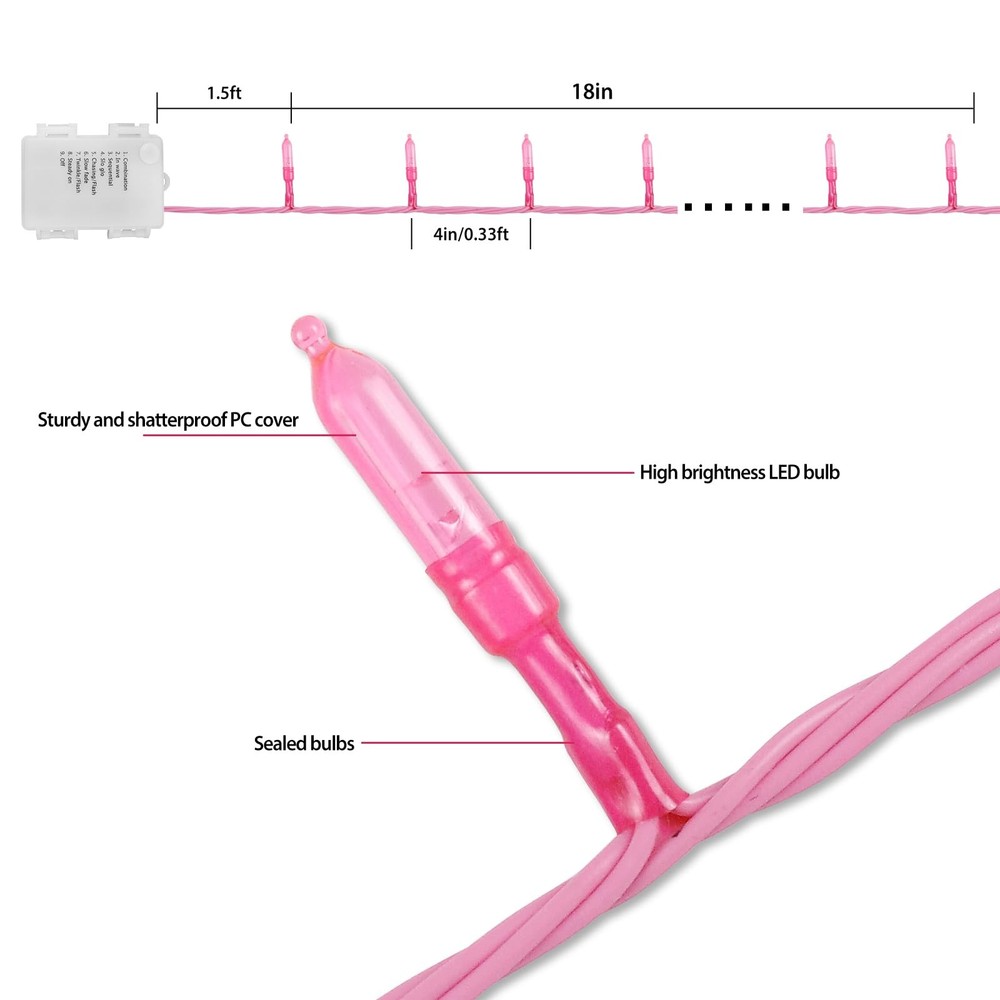 Pink Lights Battery Operated String Lights 33Ft 100 LED with Auto Timer & 8