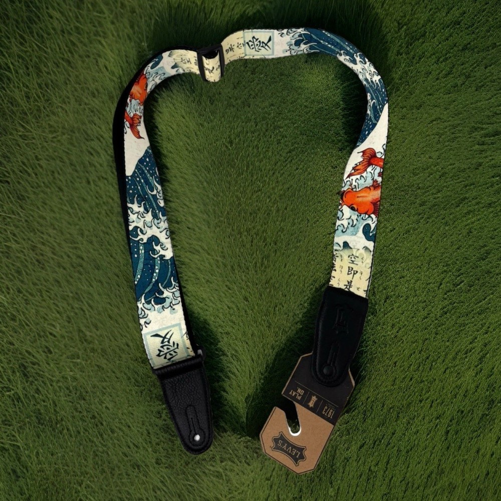 Leathers Guitar Strap 2" Wide Polyester & Genuine Leather Ends Koi Fish Pattern