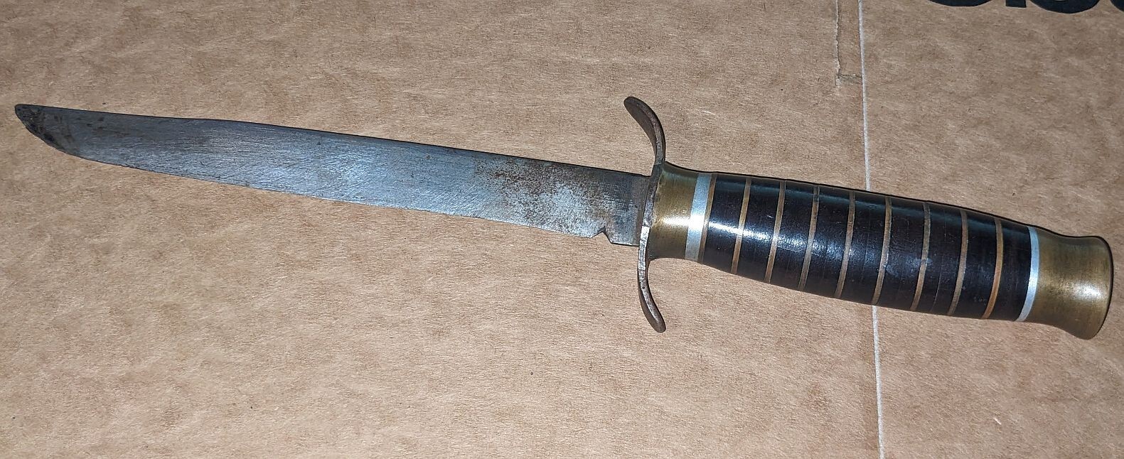 WWII Era Theater Made Fixed Blade Knife Brass Aluminum Leather Handle