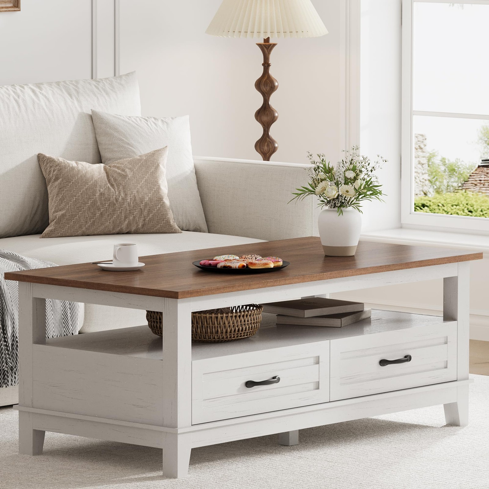 GRAVEE 47" Farmhouse Coffee Table with 2 Drawers Wood Center Storage Shelf