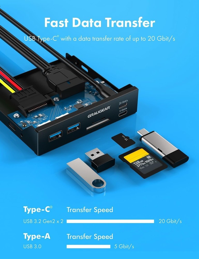 3.5 Inch Front Panel USB C Hub, SD/microSD Internal Card Reader, 20Gbps USB 3.2