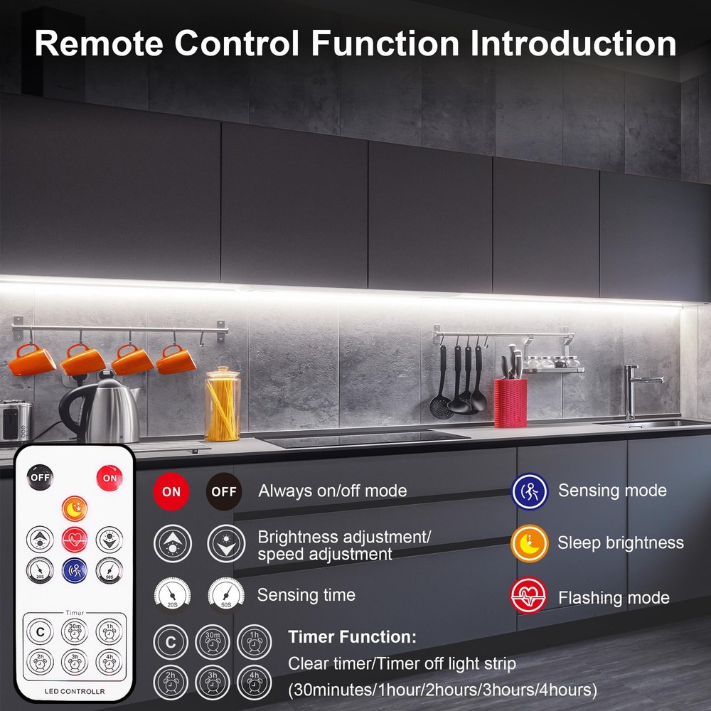 Under Cabinet Lights Kit 10 PCS Motion Sensor LED Strip Remote Dimmable Timer