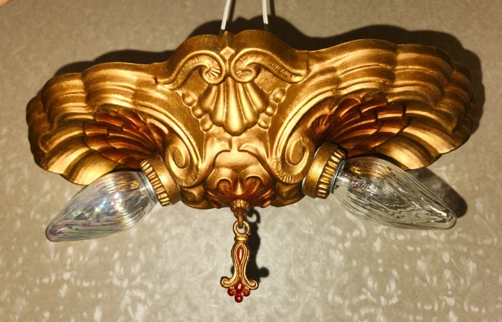 2 EA. ANTIQUE BRASS SHELL DESIGN CHANDELIERS FLUSH MOUNT CEILING FIXTURE 1930's