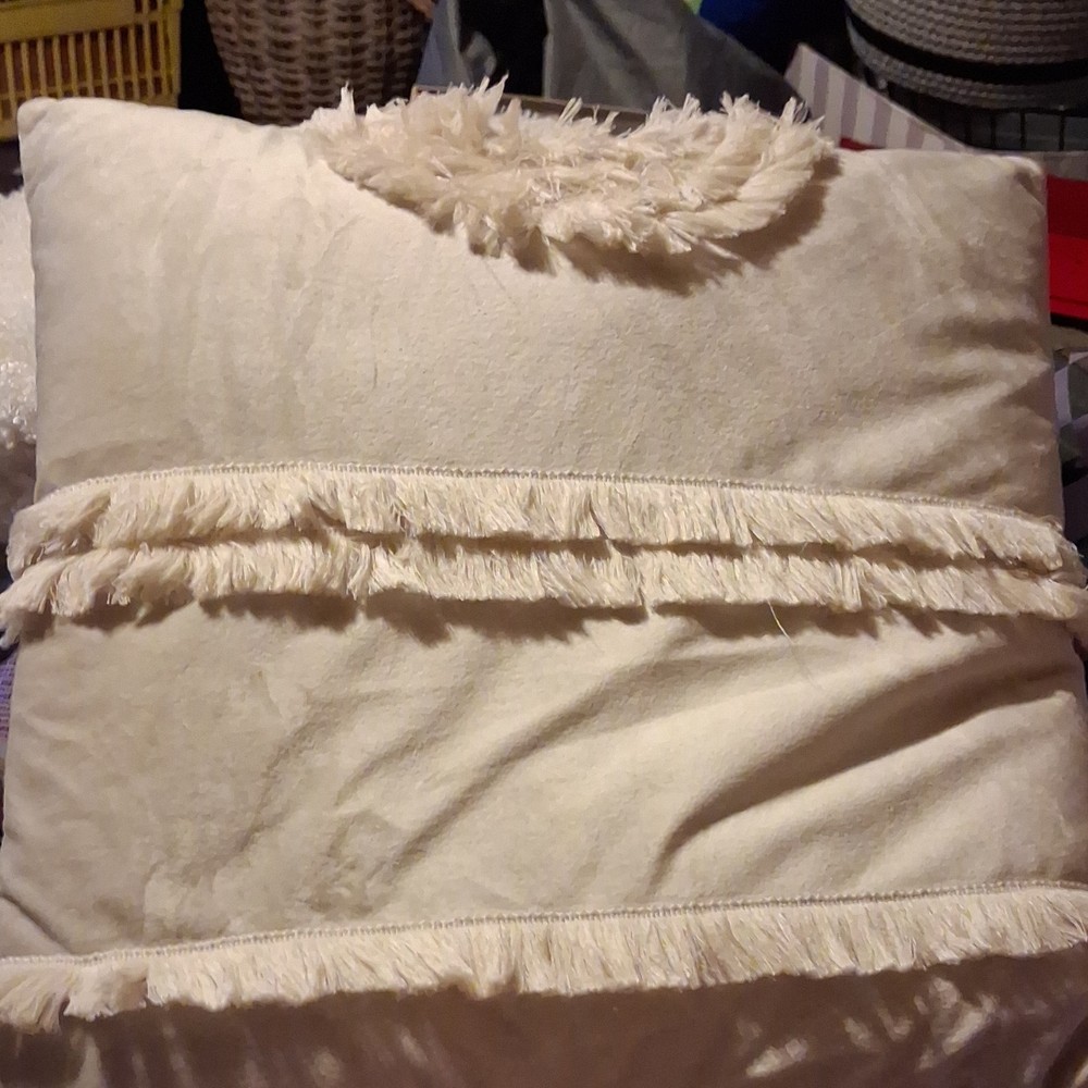 Decorative Pillow Beige Square Fringed Solid Fringe Modern