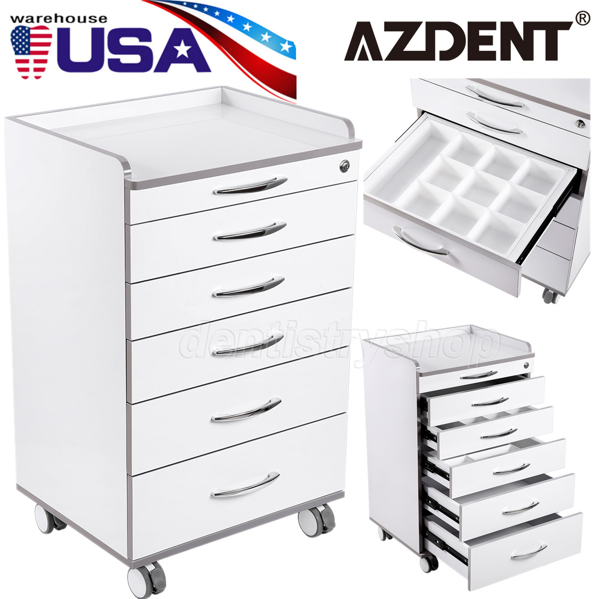 Mobile Dental Cabinet Cart With Grids 5 Drawers Lab Medical Storage Trolley Cart