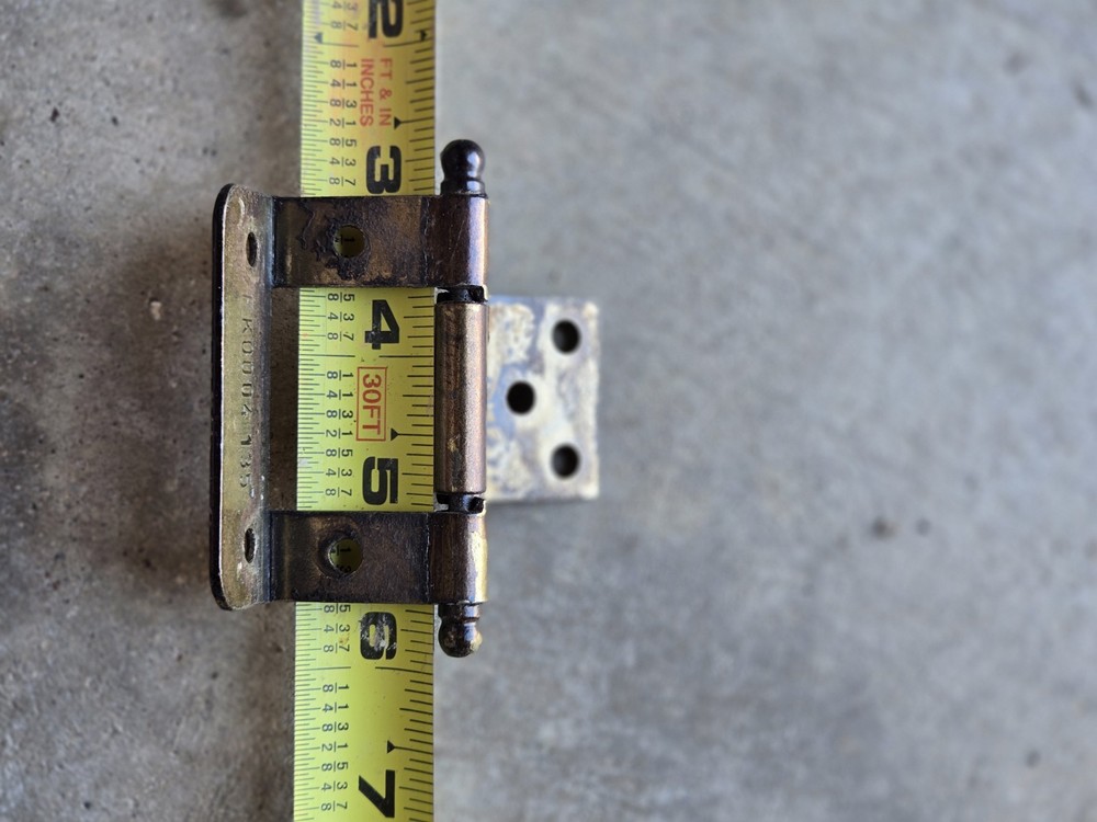 antique brass non-mortise cabinet hinge, full insert, partial wrap around