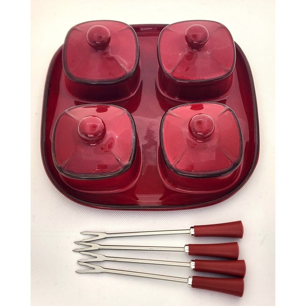 Condiment Server-Pottery Barn-4 Sections-Forks-Burgundy/Red-Square Server