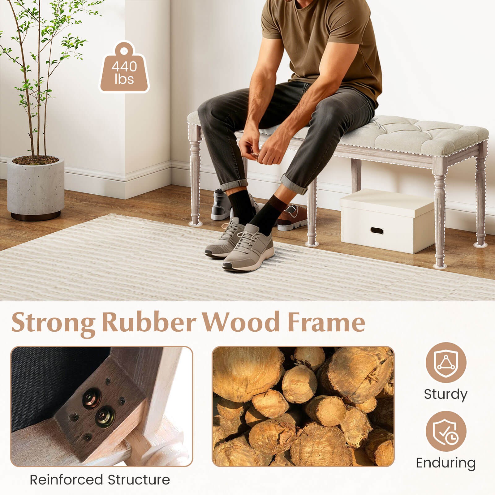 47.5” End of Bed Bench with Tufted Decoration & Antiqued Legs for Living Room