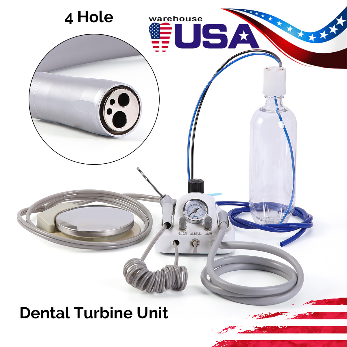 Portable Dental Turbine Unit 3Way Syringe Work with Air Compressor/Handpiece Kit