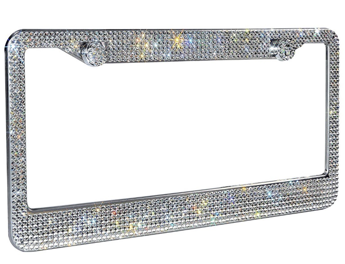 2 LUXURY White Diamond CRYSTAL Metal License Plate Frame Cap Made With Swarovski