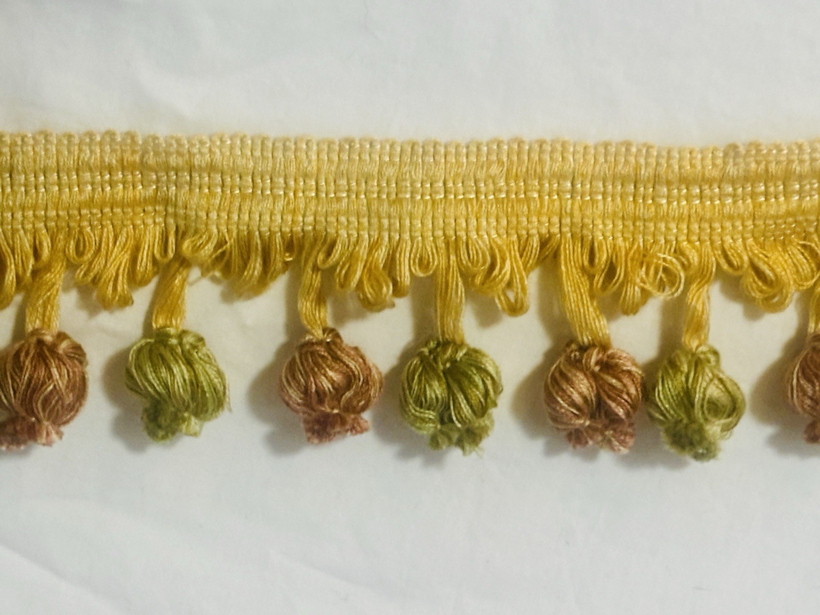 1 YD 2" Vintage Trim Fringe Pom Pom Onion Tassel Green & Mauve on French Yellow