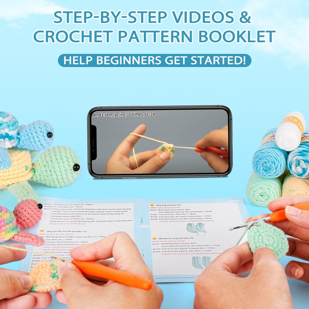 Beginner Crochet Kit With Video Tutorials, 3 Turtles, Knitting Supplies