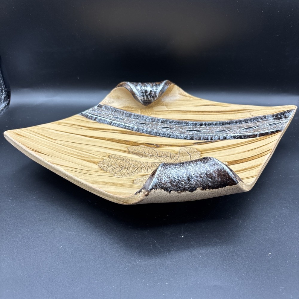 Studio Art Pottery Decor Dish Carved Leaf Pattern Metallic Curled Unsigned