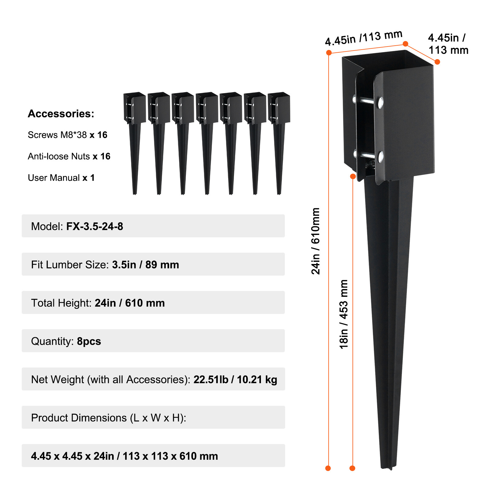 VEVOR Fence Post Anchor Ground Spike 8 Pack 24 x 4 x 4 In Metal Fence Stakes