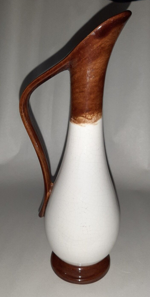 pottery pitcher white and brown drip spout 10"