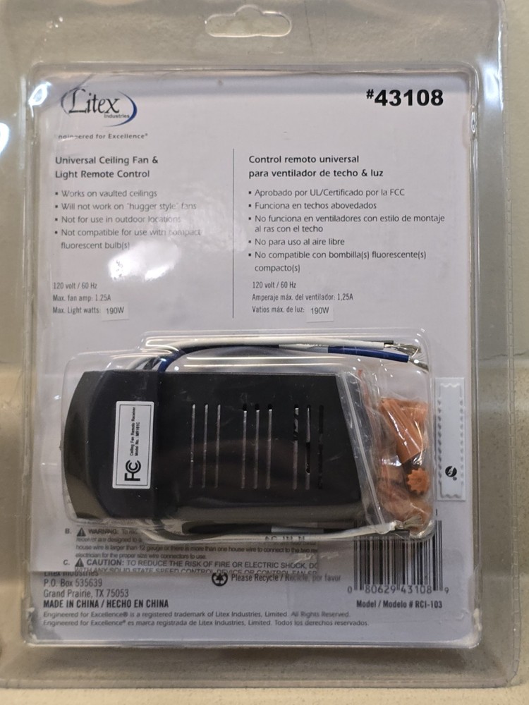 Litex RCI-103 Universal Remote Control with Three Speeds and Full Range Dimmer