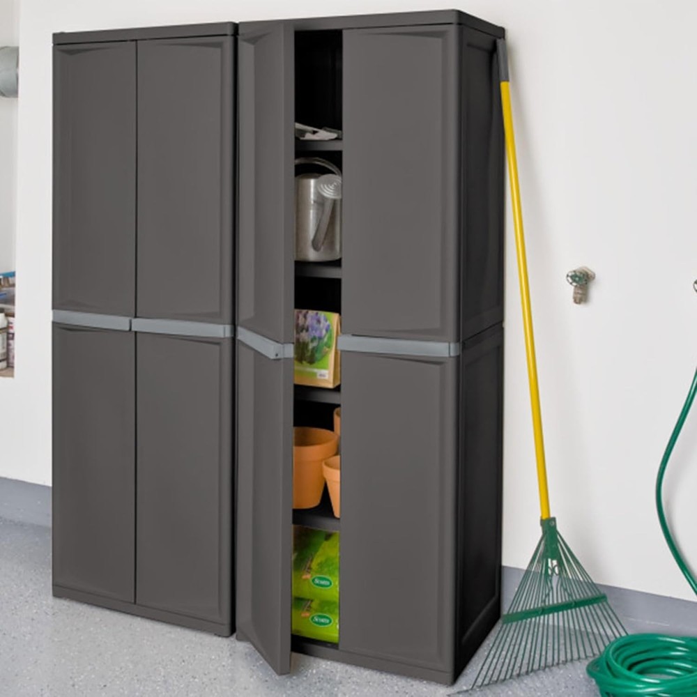 4 Shelf Cabinet Lockable Utility Storage W/ Adjustable Shelves Gray Plastic