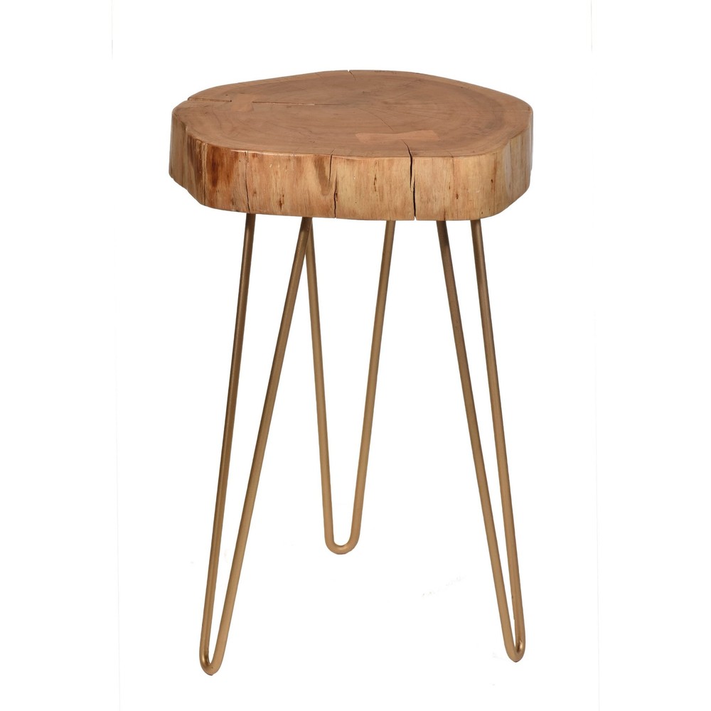 26 Gold And Natural Solid Wood Round End Table