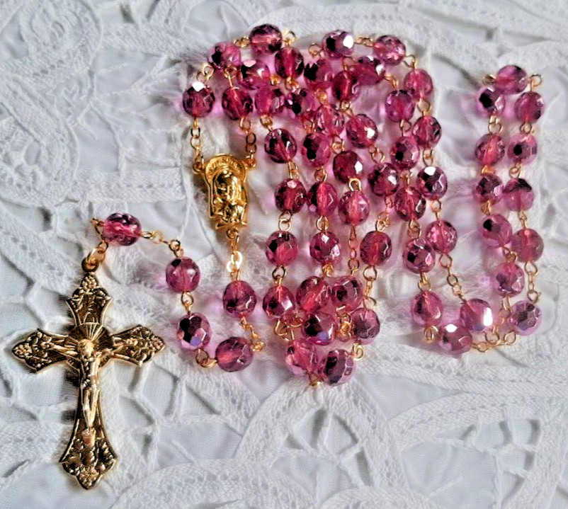 PINK ROSE METALLIC ICE GLASS ROSARY IN GOLD