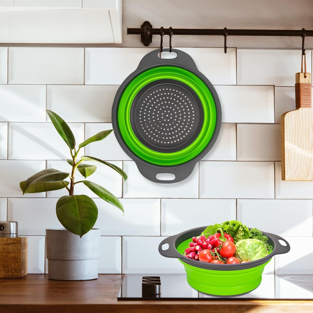 2 Pack Green Collapsible Silicone Colanders, Round Kitchen Strainer Set
