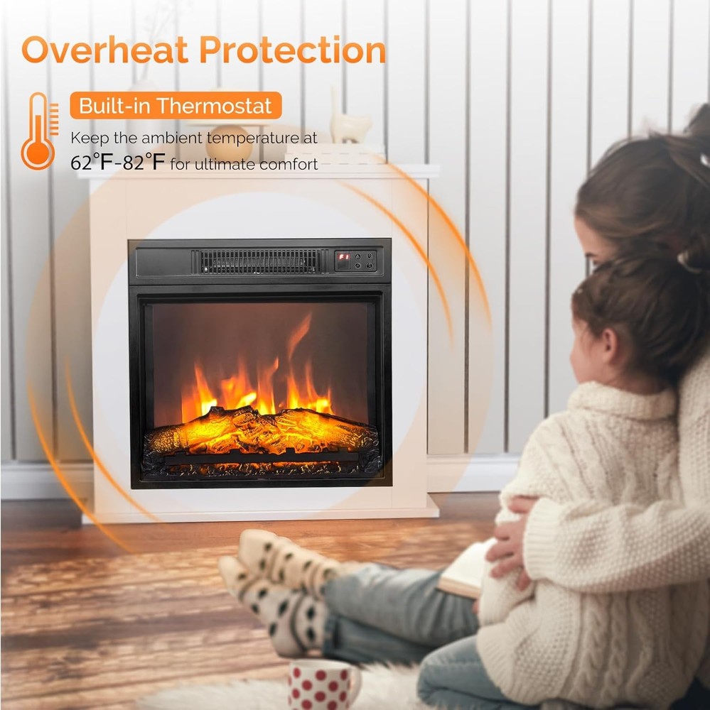 18 Inch Electric Fireplace Inserts W/Remote Control, 6H Timer Recessed Mounted